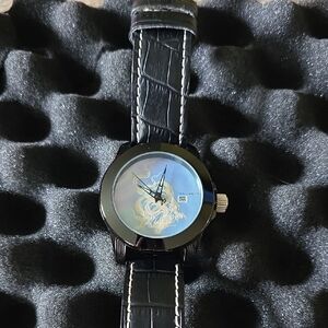 Black Leather Strap Watch with Blue Dial